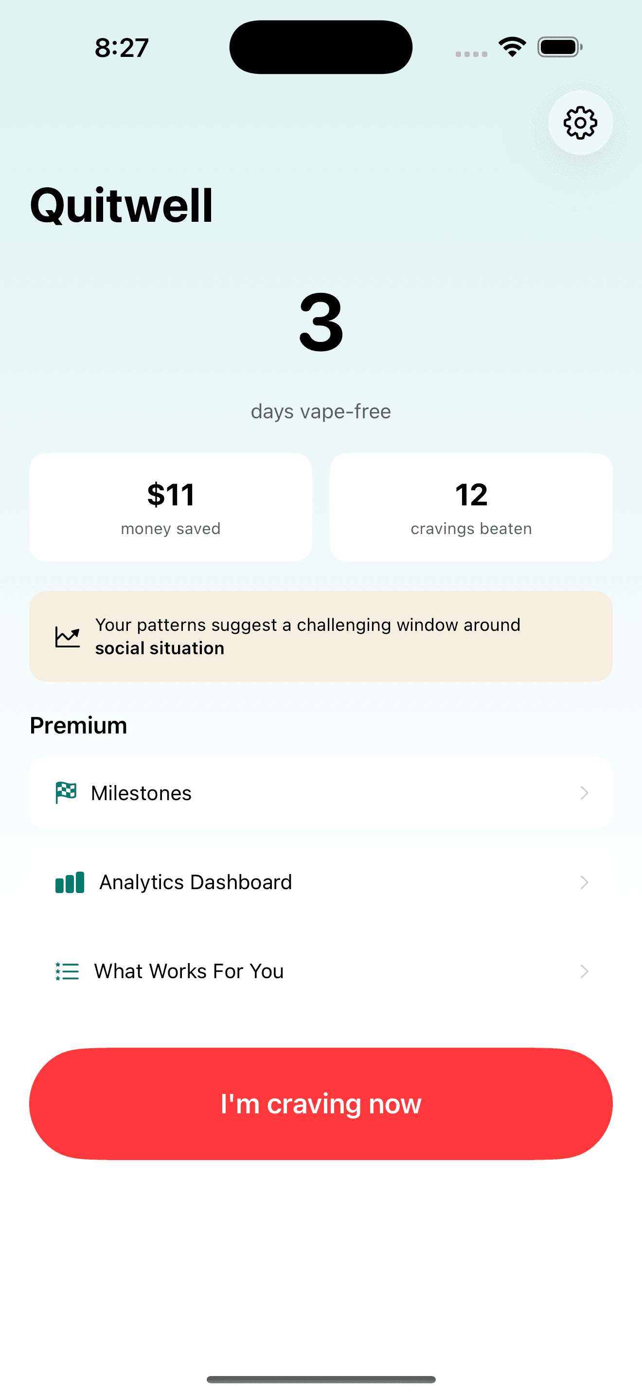 Quitwell home screen with the always-free SOS button